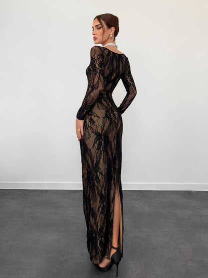 Black Square Neckline Lace Bodycon Long Evening Dress