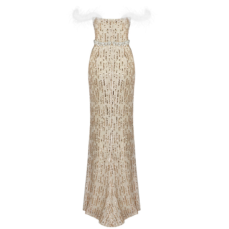 Feather Raglan Slit Fishtail Evening Dress