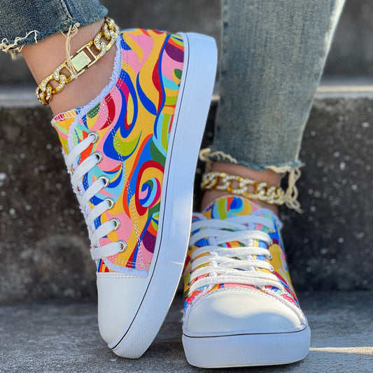 Colorful Abstract Print Sports Shoes With Laces