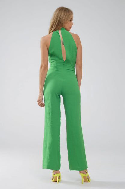 Green Jumpsuit With Crossed Halter Neckline