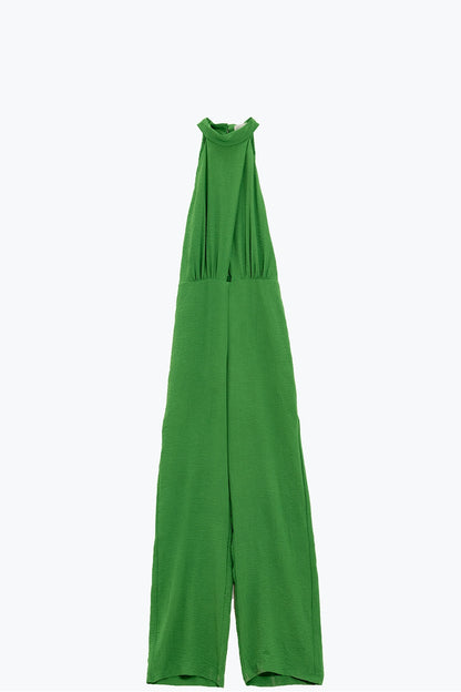 Green Jumpsuit With Crossed Halter Neckline