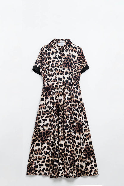 Leopard print buttoned maxi dress with satin detail