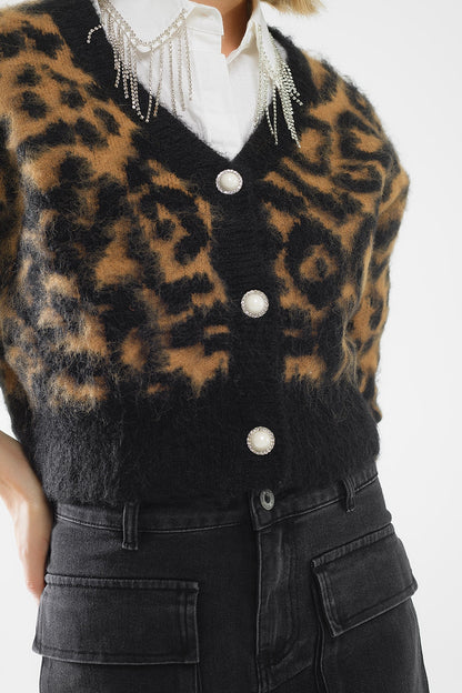 Leopard print cardigan made of knitted fabric with wool in Camel