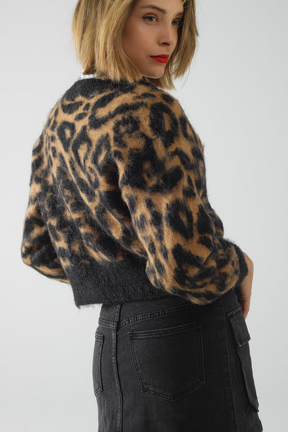 Leopard print cardigan made of knitted fabric with wool in Camel