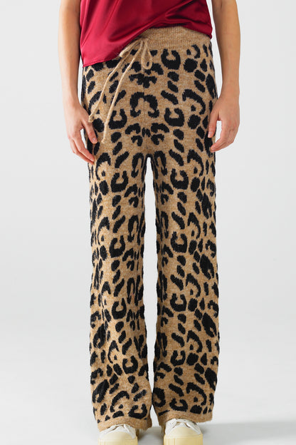 Leopard print pants with stretchy knit and drawstring detail