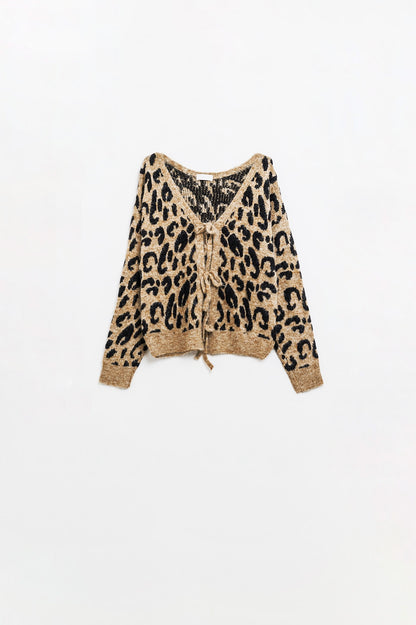 Leopard printed long sleeve cardigan with bows detail