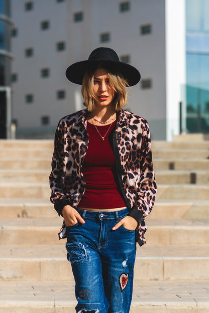 leopard shirt with black satin detail