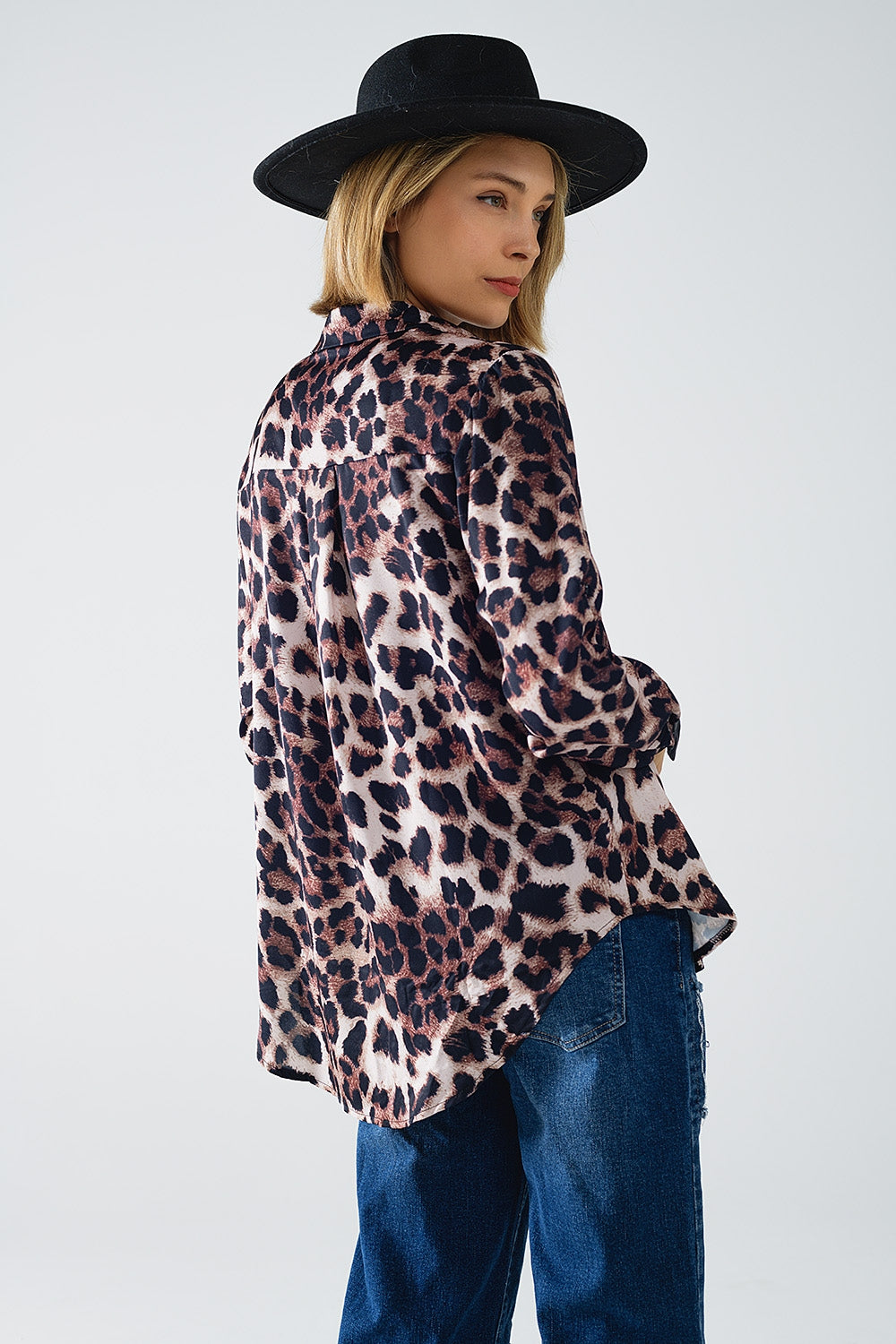 leopard shirt with black satin detail