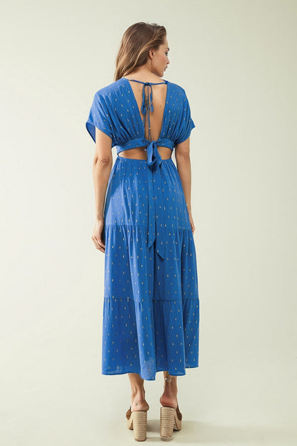 loose maxi blue dress sith golden details