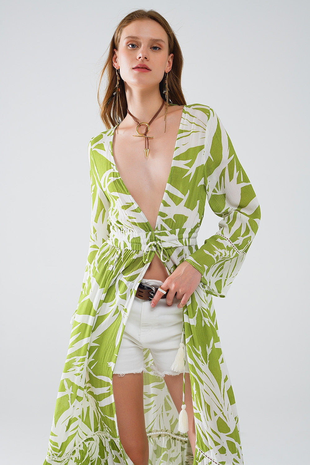 Maxi green kimono with tropical palm print