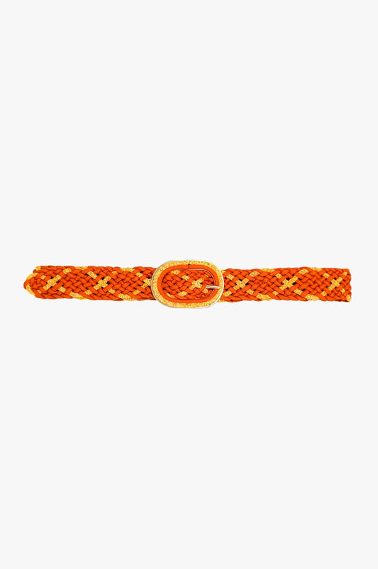 Q2 Orange Braided Belt With Intertwined Gold Thread and Oval Buckle