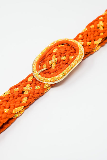 Orange Braided Belt With Intertwined Gold Thread and Oval Buckle