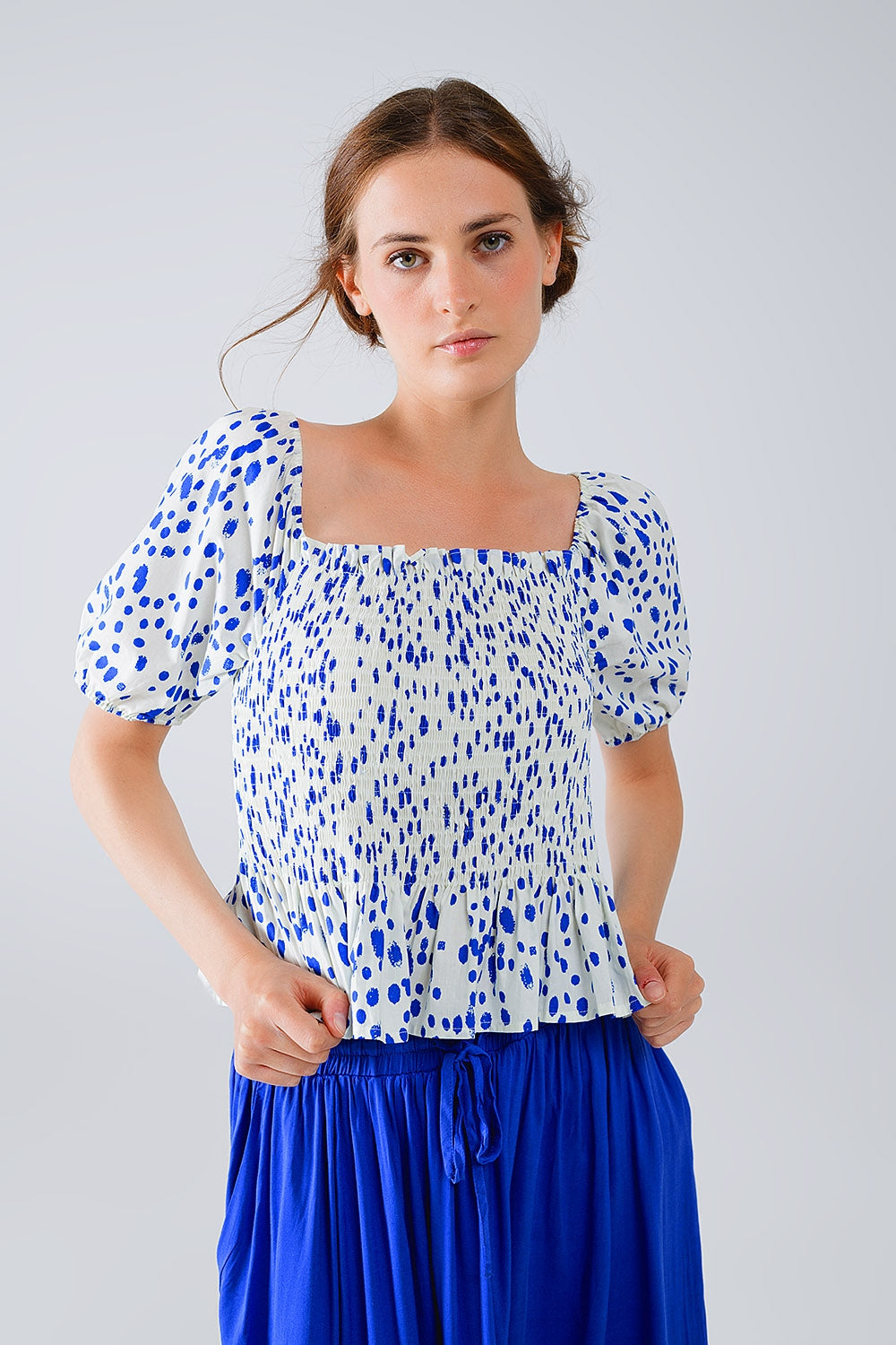 Q2 Peplum Shirred White Blouse With Blue Polka Dots