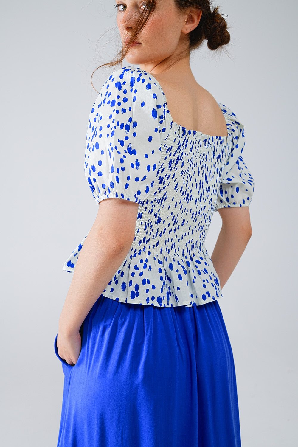 Peplum Shirred White Blouse With Blue Polka Dots