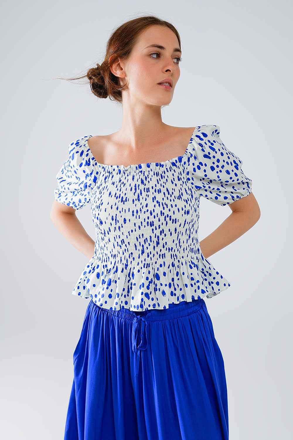 Peplum Shirred White Blouse With Blue Polka Dots