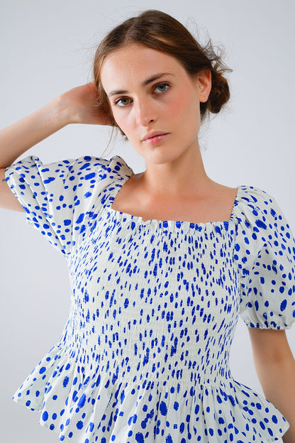 Peplum Shirred White Blouse With Blue Polka Dots