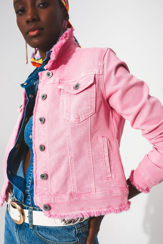 Q2 Raw edge denim jacket in pink