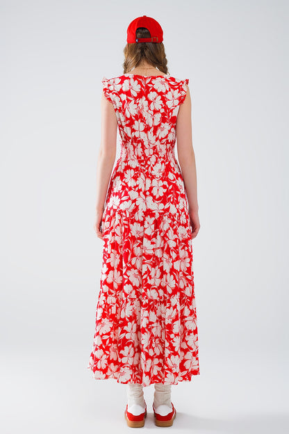 Red maxi dress with floral print and V-neck