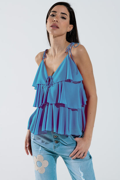 Q2 Ruffle Top WIth Thin straps in Blue