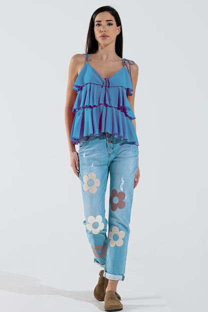 Ruffle Top WIth Thin straps in Blue