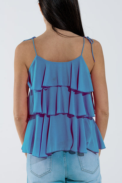 Ruffle Top WIth Thin straps in Blue