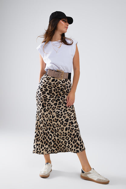 Satin-Finish Contrast Midi Dress in Leopard Print