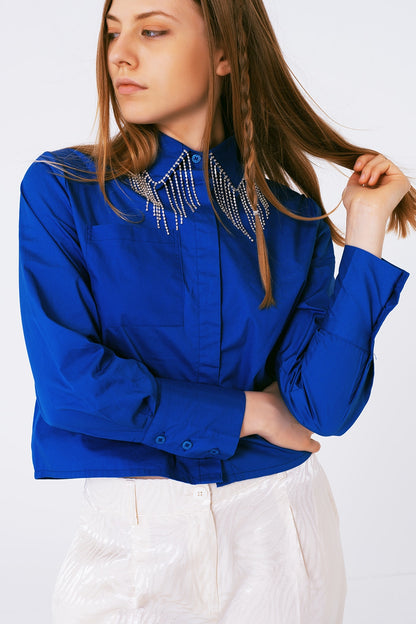 Shirt With Fringe strass Collar in blue