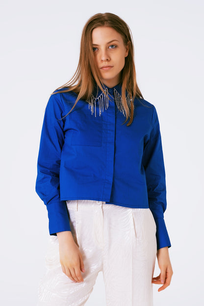 Shirt With Fringe strass Collar in blue