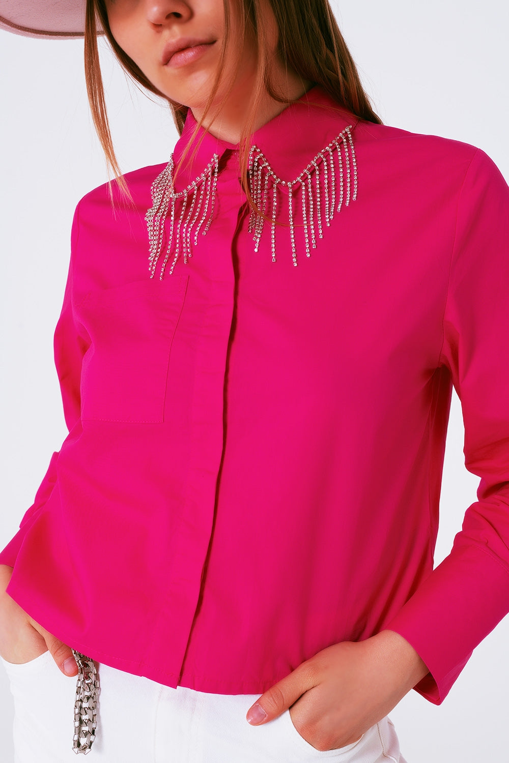 Shirt With Fringe strass Collar in Fuxia