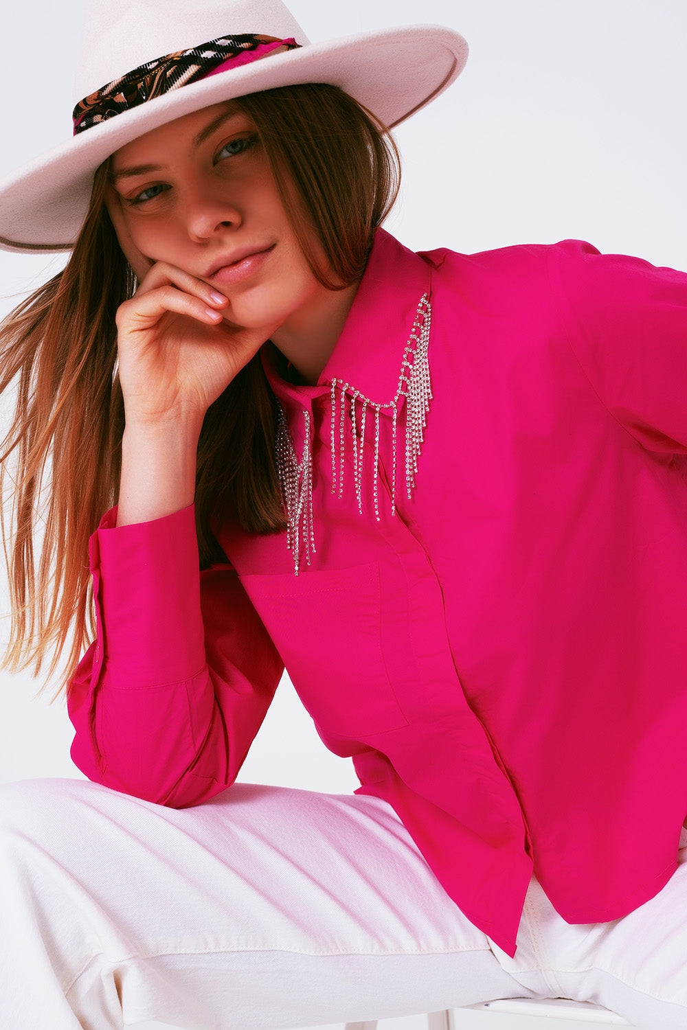 Shirt With Fringe strass Collar in Fuxia