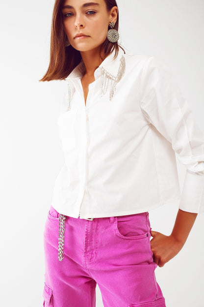 Shirt With Fringe strass Collar in White