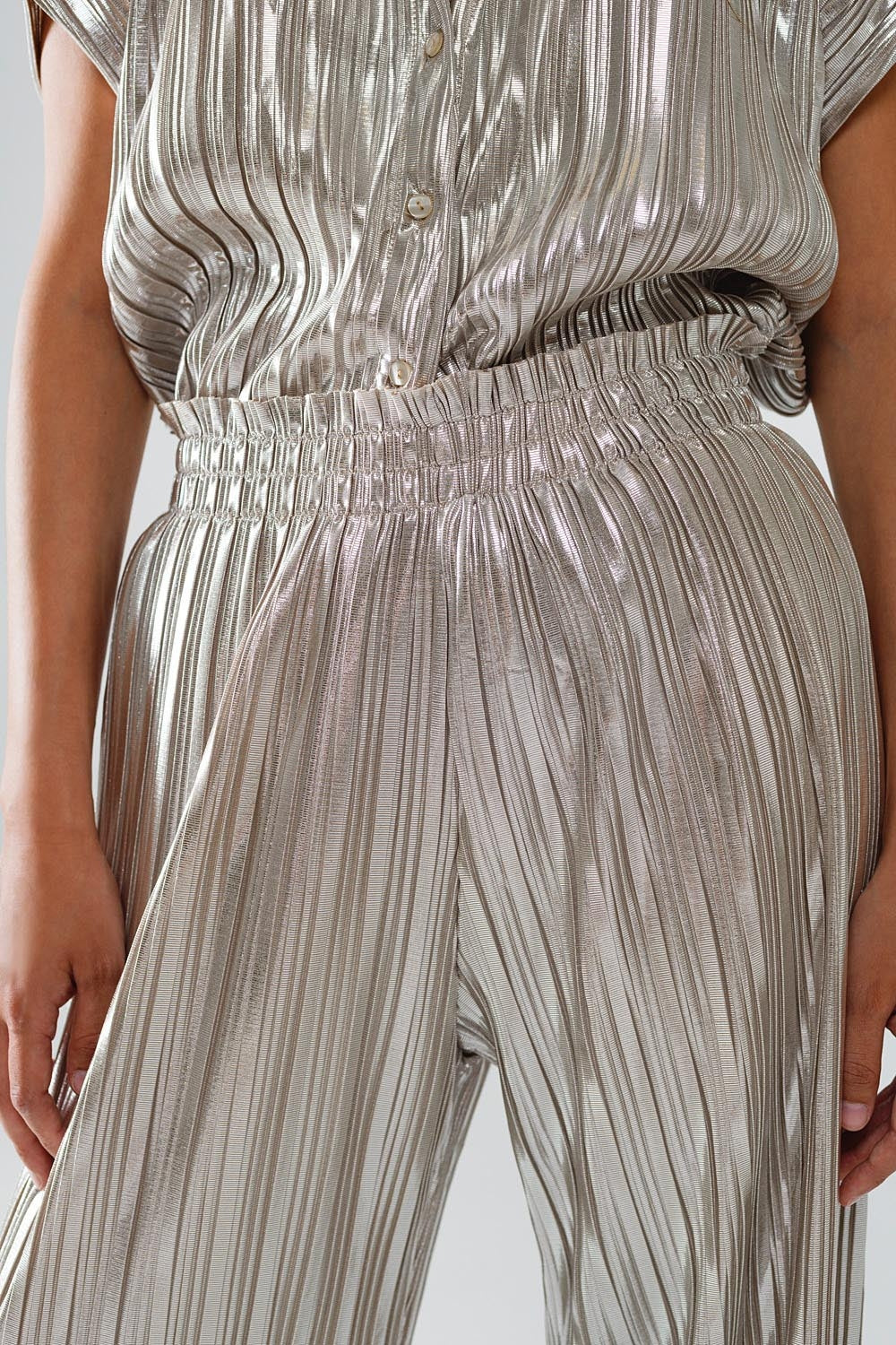 Silver Pleated Pants With Elastic Waistband