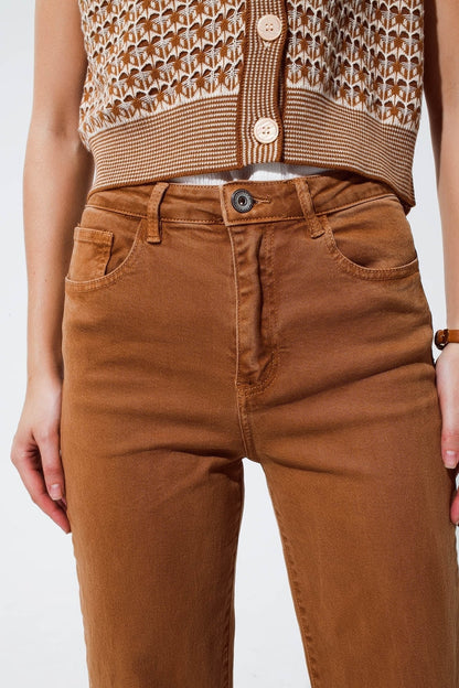 Straight leg jeans in camel with folded trouser legs