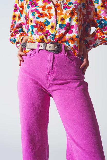 Straight Leg Jeans with Cropped Hem in Fuchsia