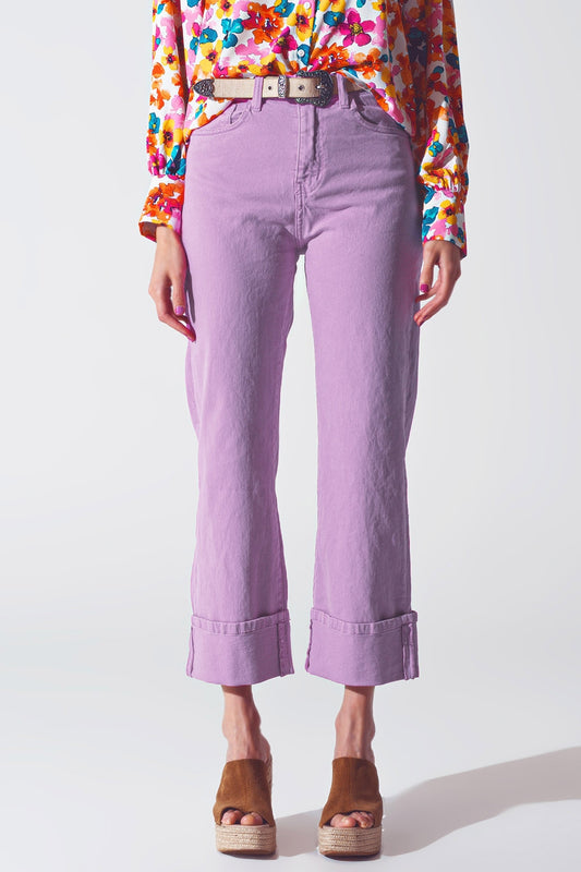 Q2 Straight Leg Jeans with Cropped Hem in Purple