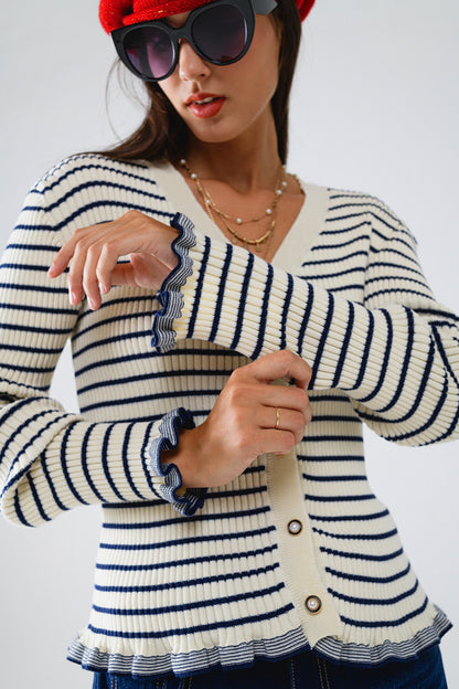 Striped Cardigan in Cream with Ruffle Trim