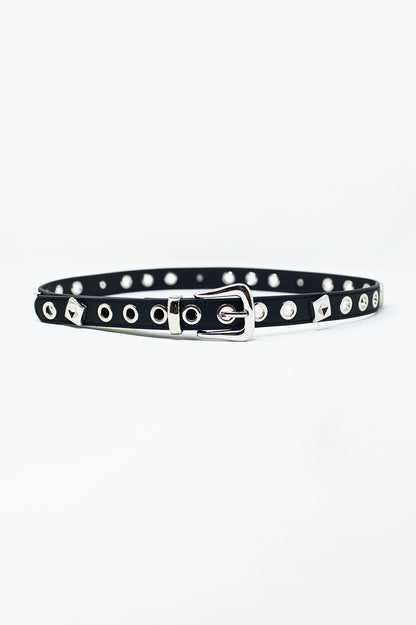 Thin Black leather belt with silver details