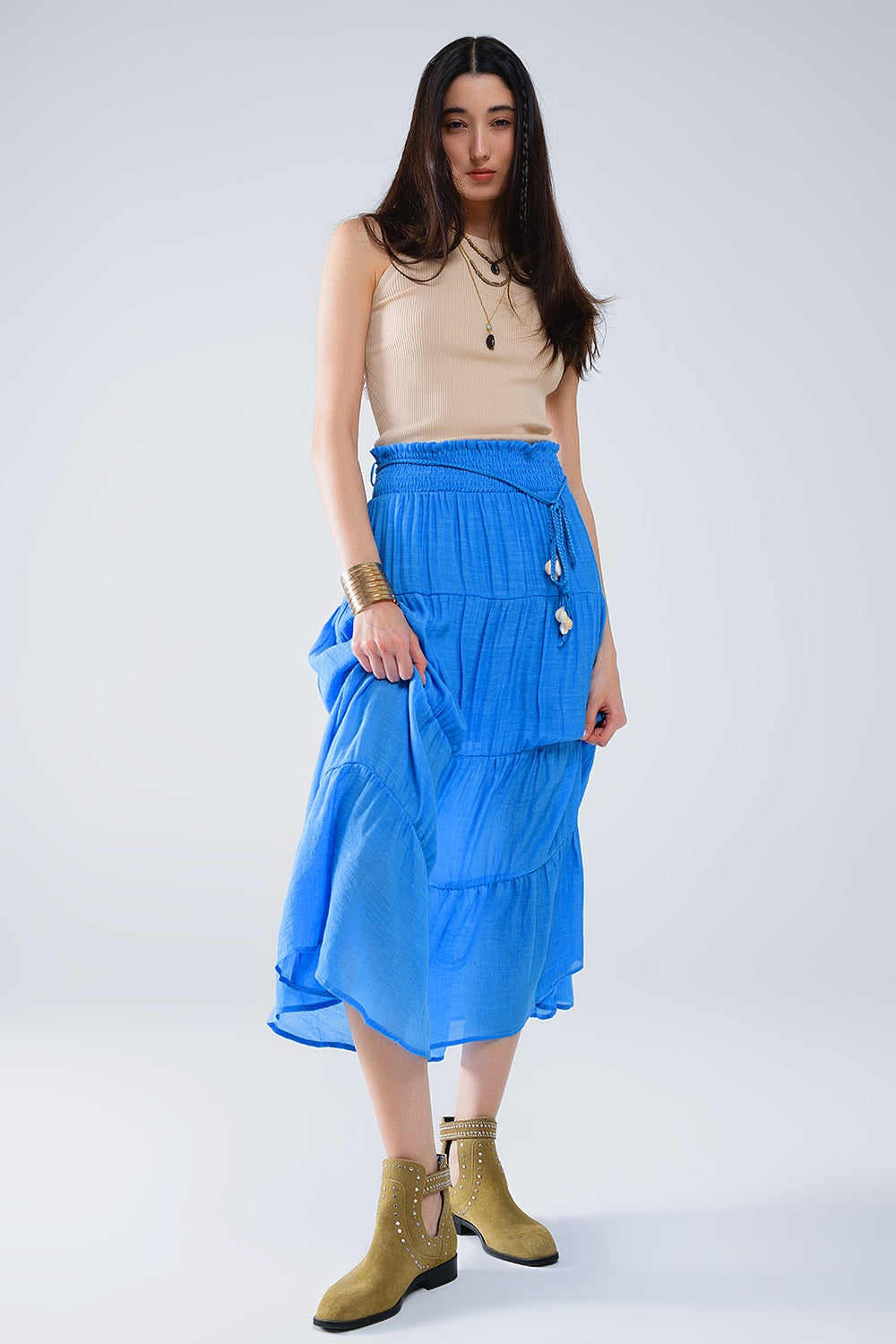 Tiered Maxi Skirt In Blue With Elastic Waist And Shell Details