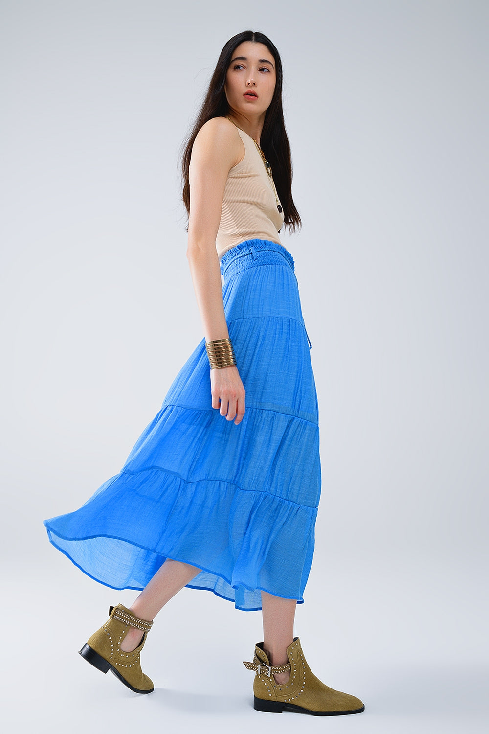 Tiered Maxi Skirt In Blue With Elastic Waist And Shell Details