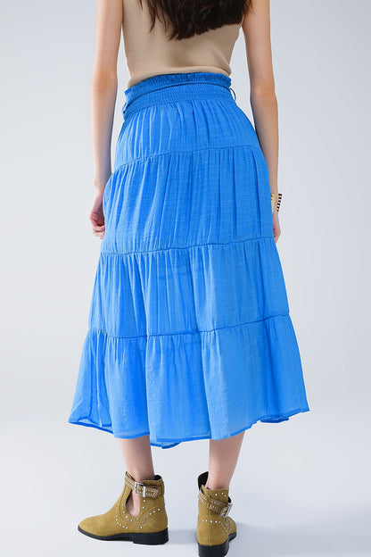 Tiered Maxi Skirt In Blue With Elastic Waist And Shell Details