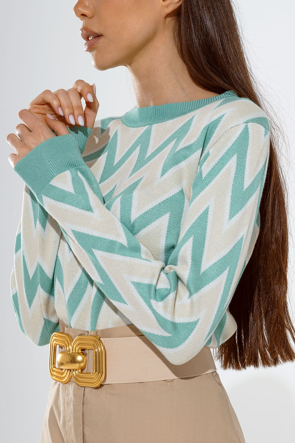 Turquoise  sweater with  zig zag print in Beige  with white details