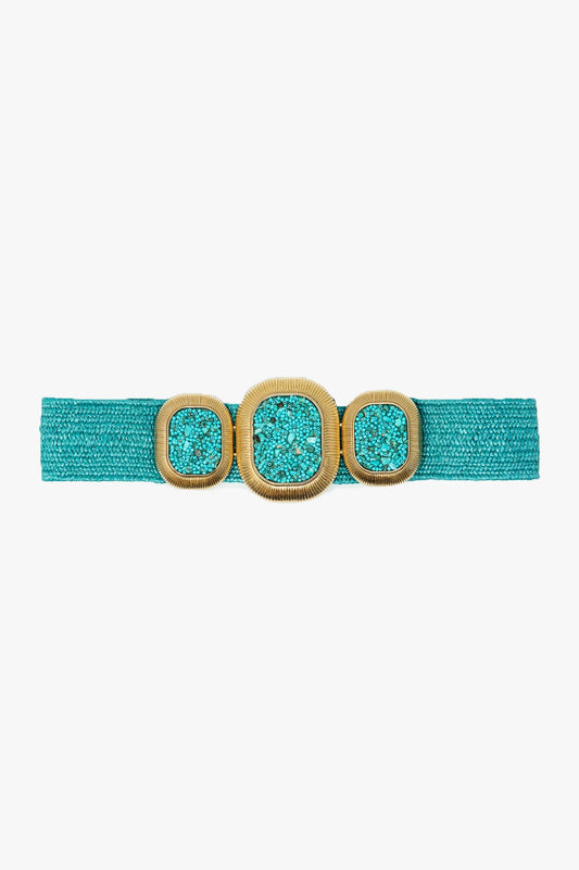 Q2 Turquoise Woven Belt With Rectangular Buckle With Beads