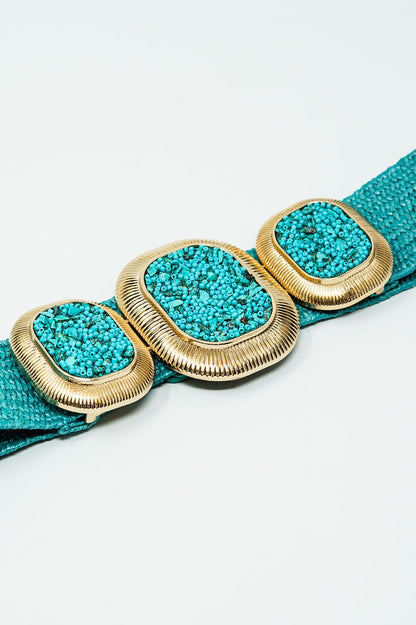 Turquoise Woven Belt With Rectangular Buckle With Beads