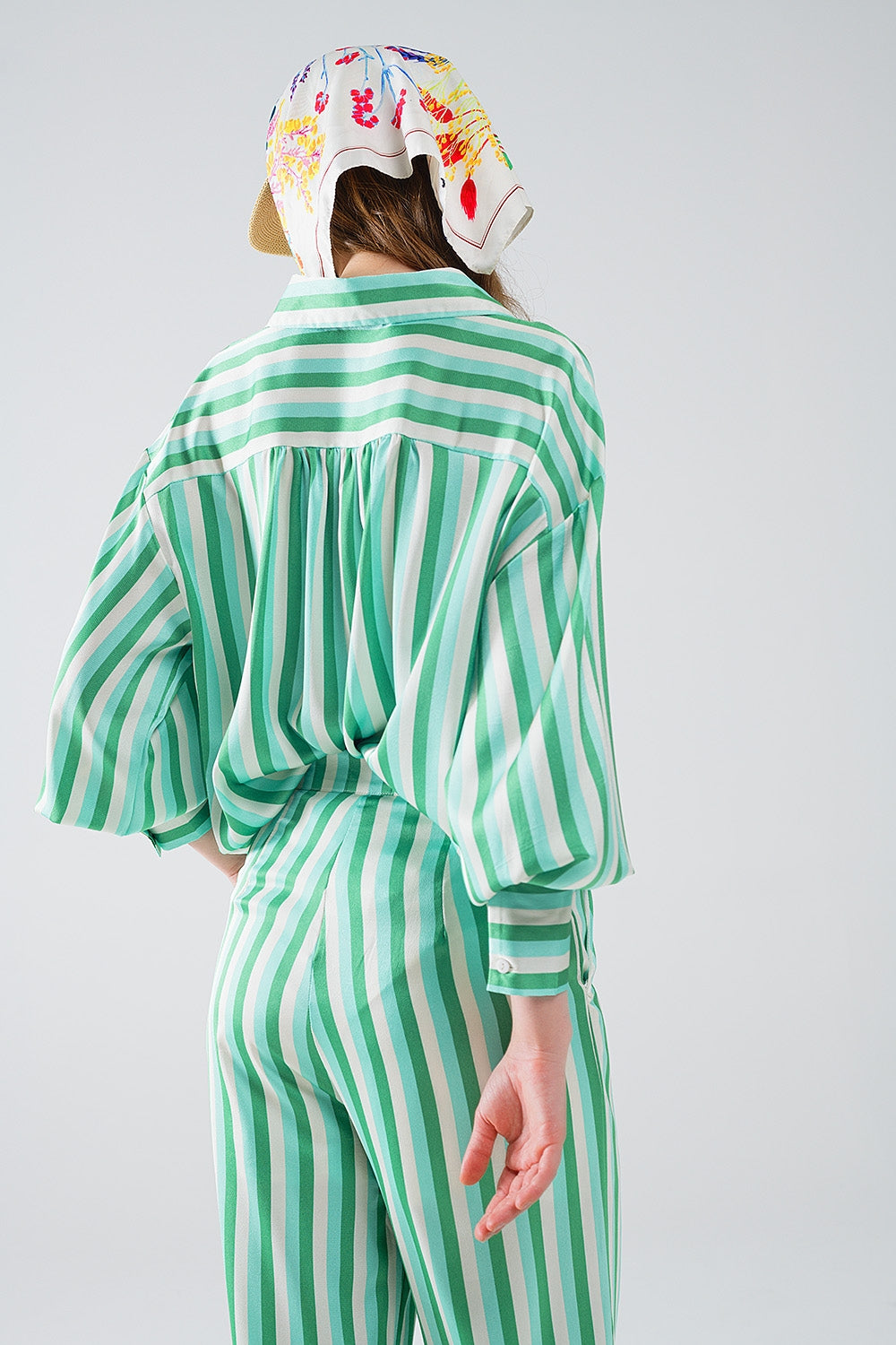 Vertical Striped Straight Leg satin Pants in Green