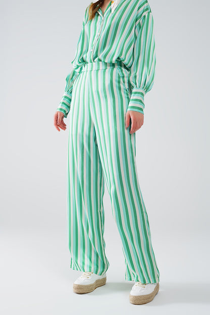 Vertical Striped Straight Leg satin Pants in Green