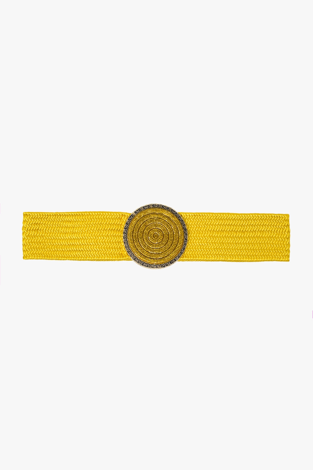 Q2 Yellow woven belt with round buckle with rhinestones