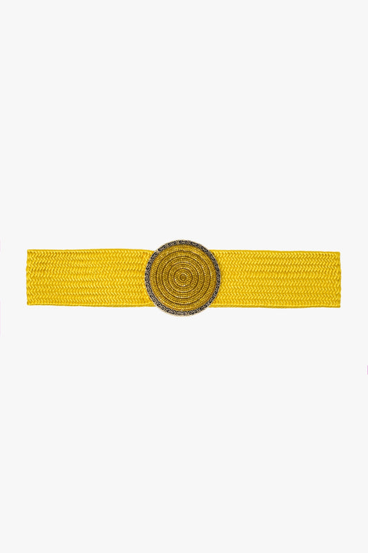 Q2 Yellow woven belt with round buckle with rhinestones