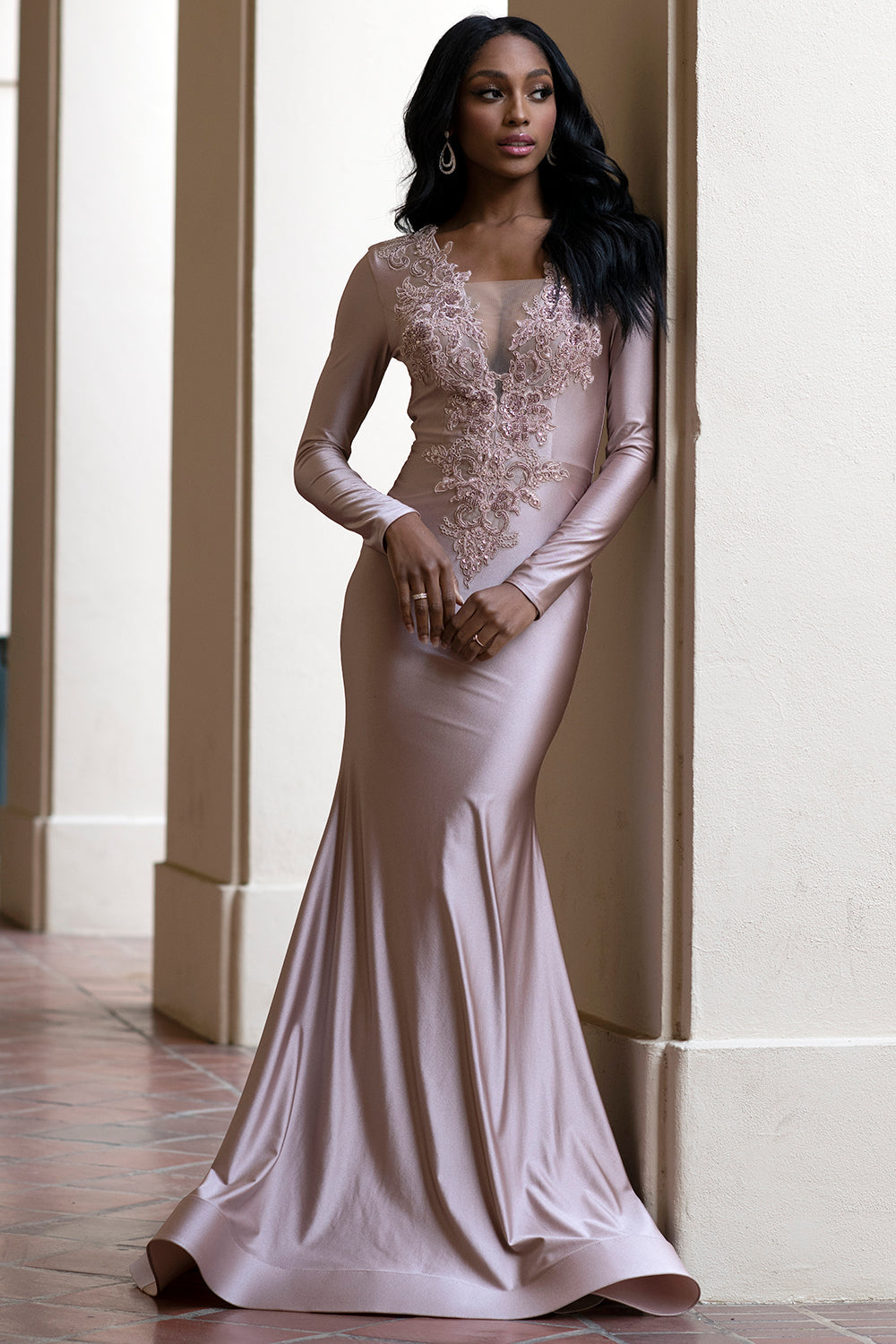 Illusion Deep V-Neck Long Sleeves Mermaid Long Prom Dress AC382-0