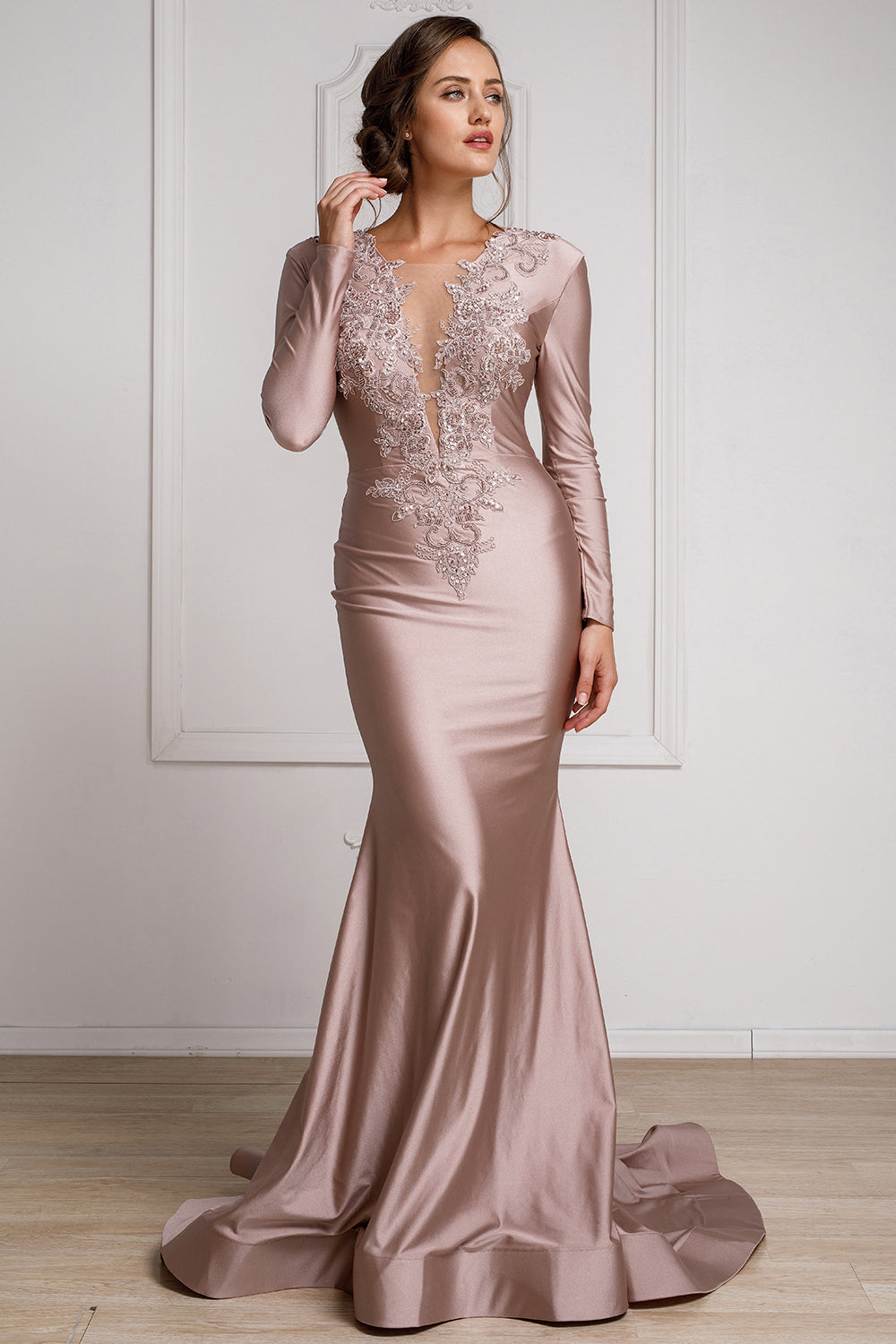 Illusion Deep V-Neck Long Sleeves Mermaid Long Prom Dress AC382-2