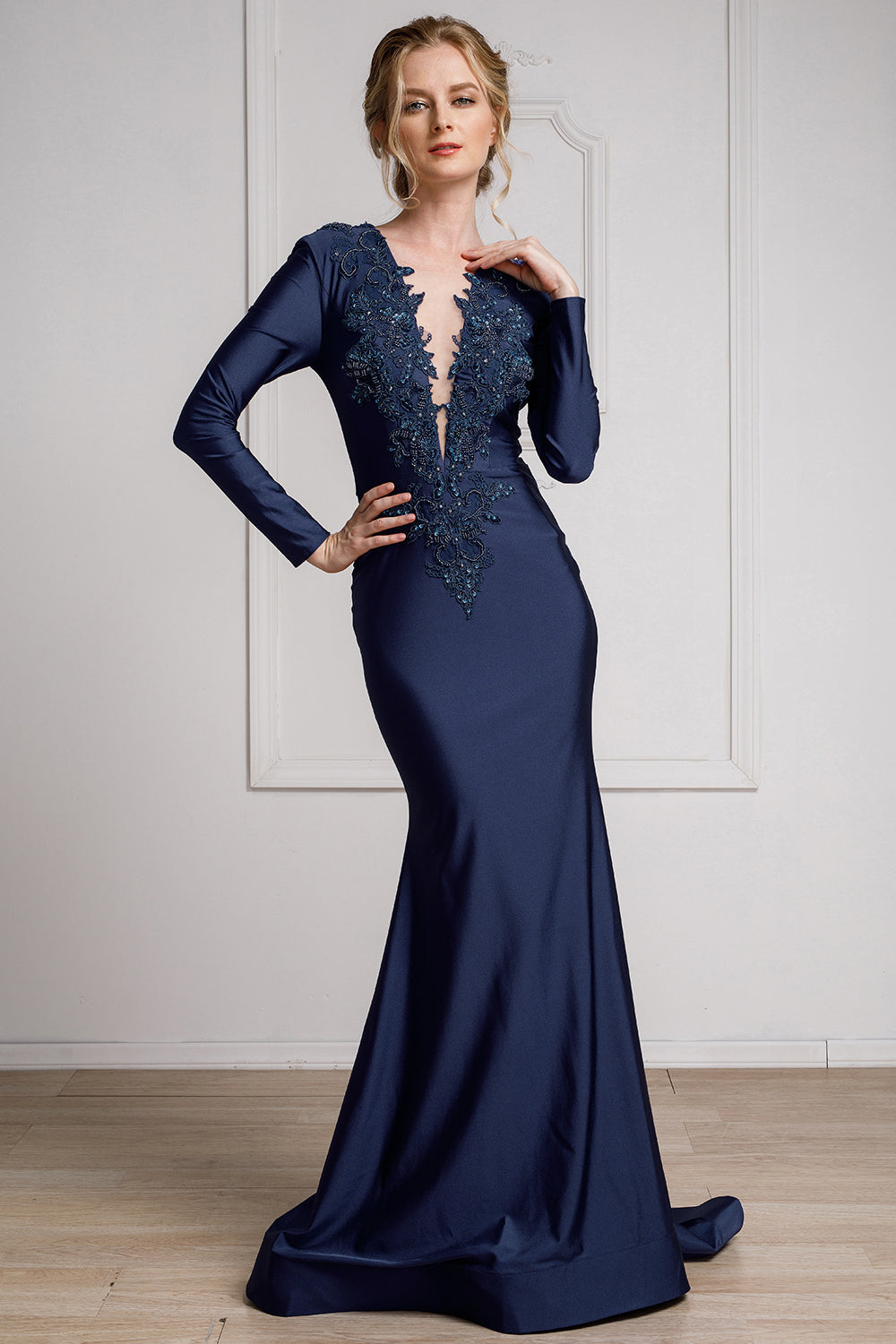 Illusion Deep V-Neck Long Sleeves Mermaid Long Prom Dress AC382-4